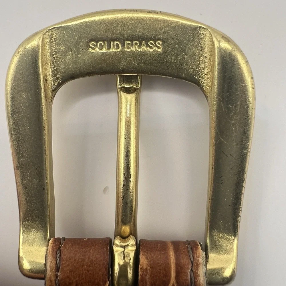 VTG Brighton Woven‎ Textile Belt Men 35-37 Beige Brass Buckle Distressed Leather
